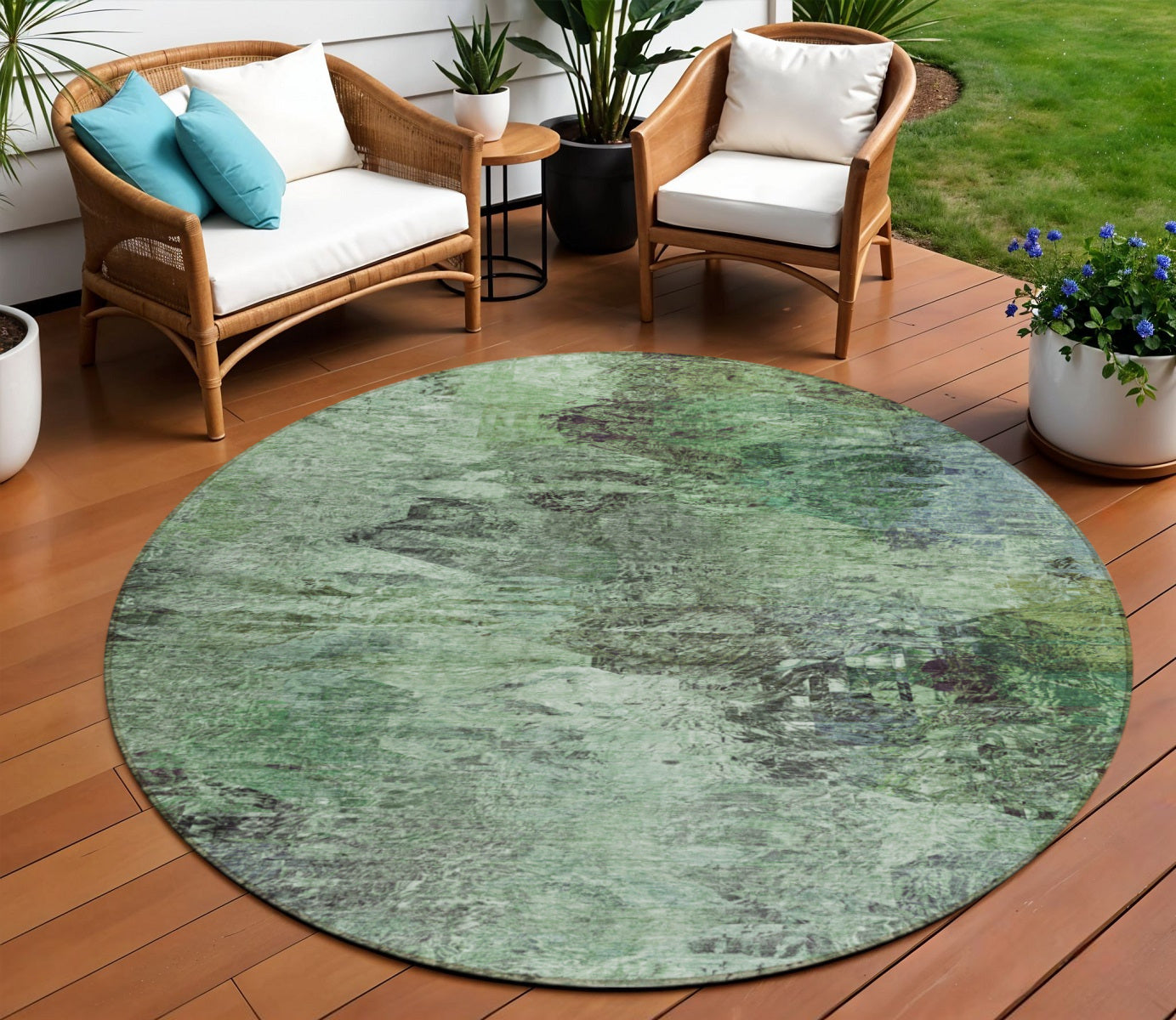 8 Green And Brown Round Abstract Washable Indoor Outdoor Area Rug