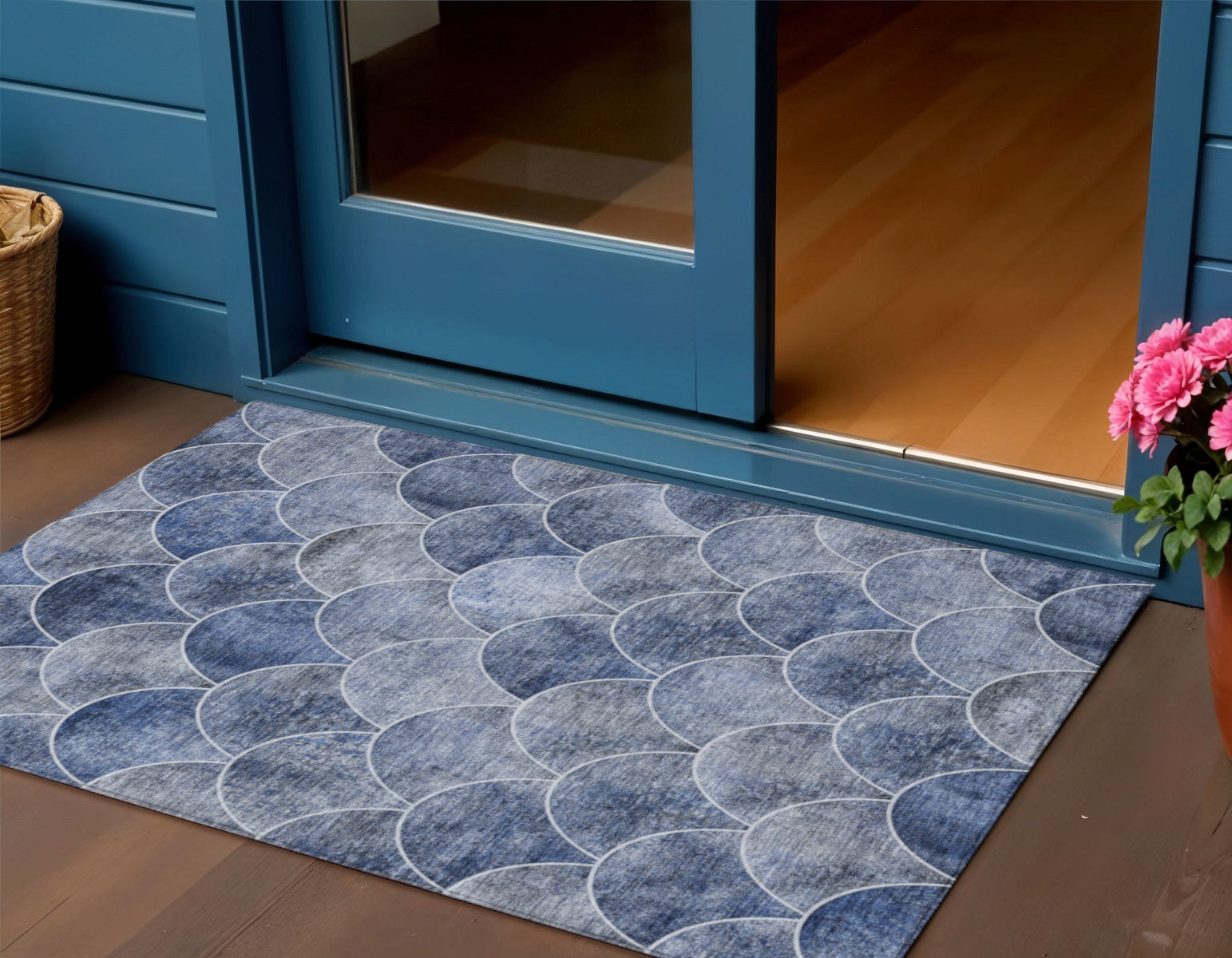 3 X 5 Denim Blue And Gray Abstract Washable Indoor Outdoor Area Rug