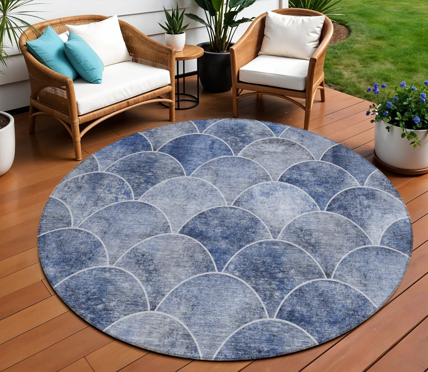 8 Denim Blue And Gray Round Abstract Washable Indoor Outdoor Area Rug