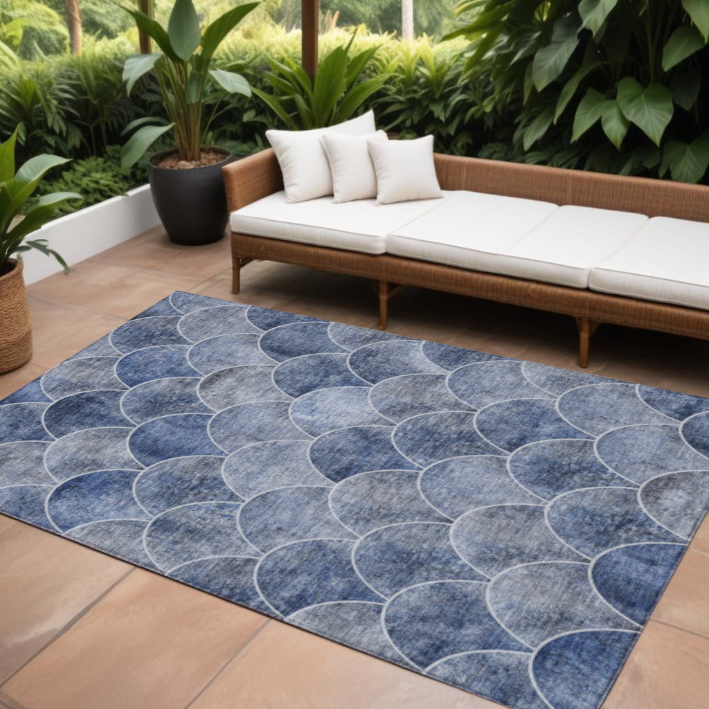 8 X 10 Denim Blue And Gray Abstract Washable Indoor Outdoor Area Rug