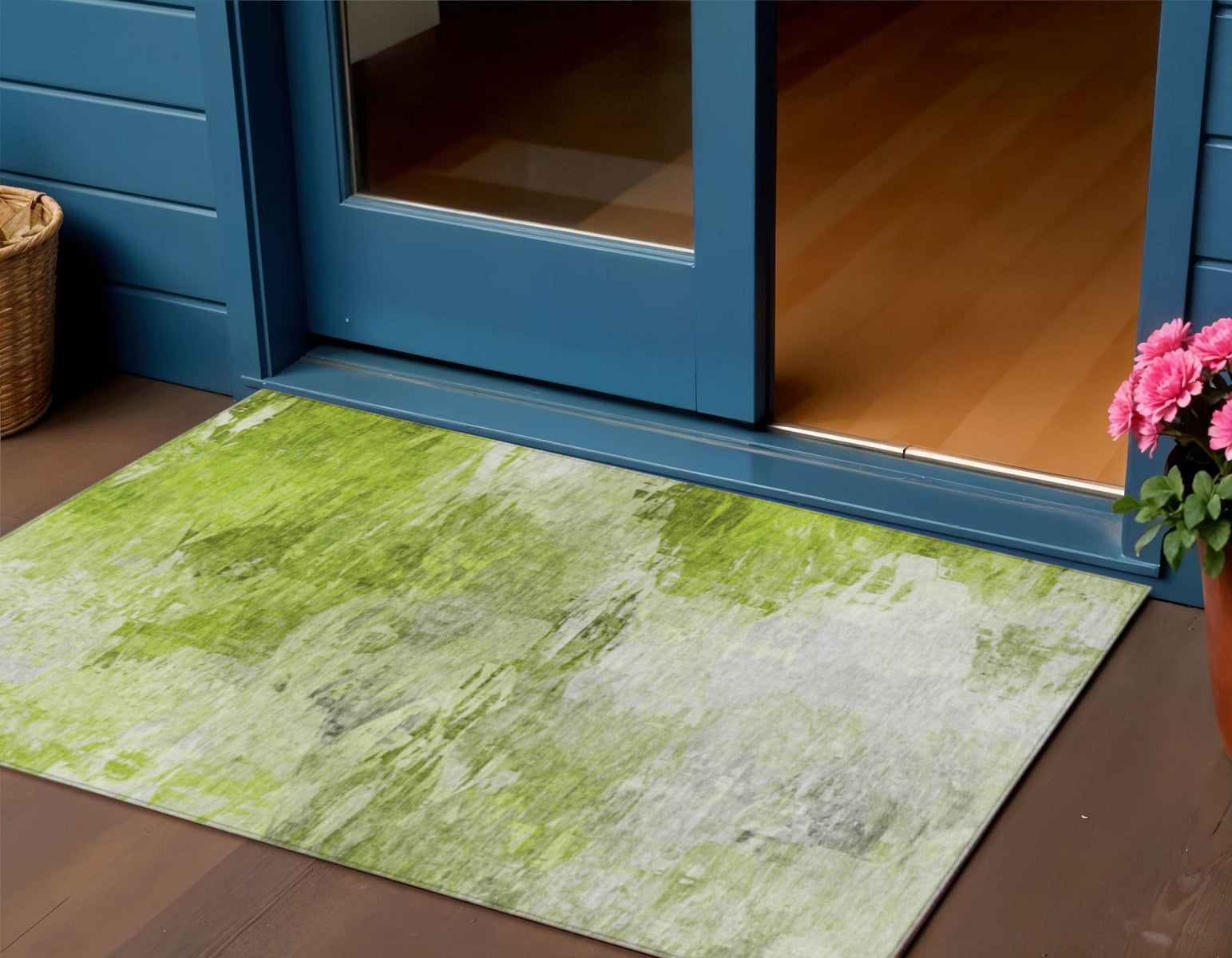 3 X 5 Artichoke Green And Lime Green Abstract Washable Indoor Outdoor Area Rug