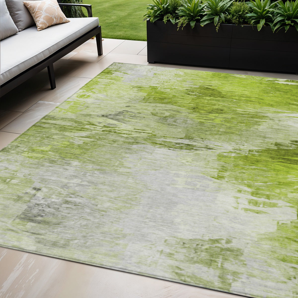 5 X 8 Artichoke Green And Lime Green Abstract Washable Indoor Outdoor Area Rug