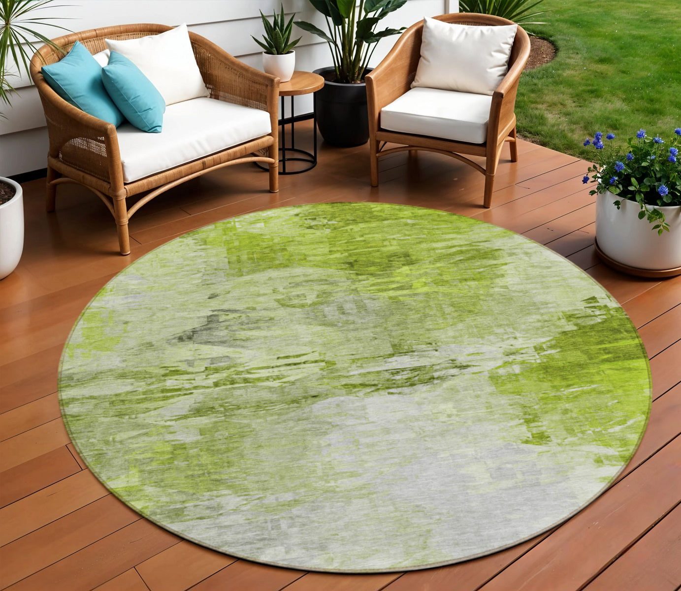 8 Artichoke Green And Lime Green Round Abstract Washable Indoor Outdoor Area Rug