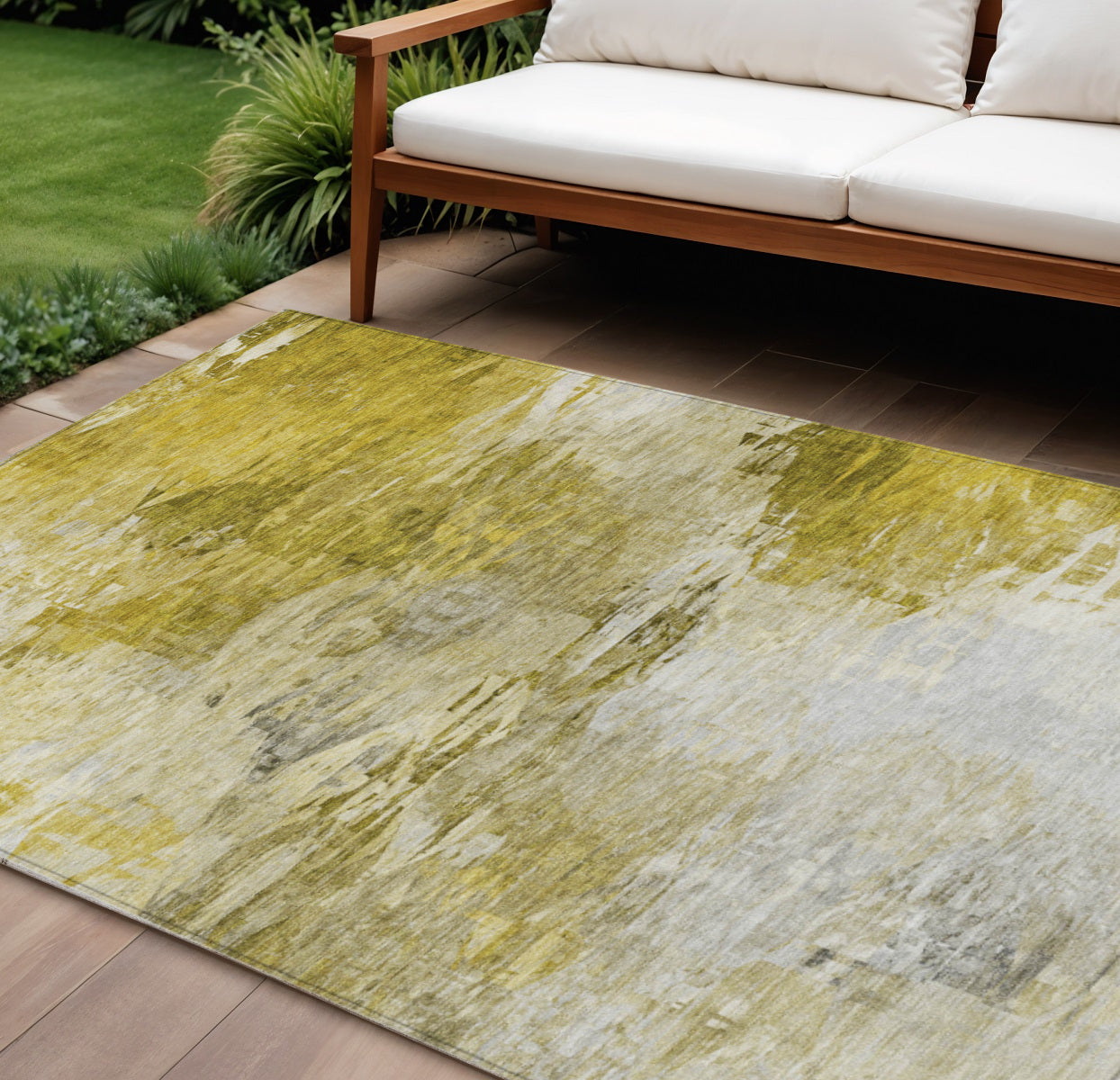 9 X 12 Gold Beige And Wheat Abstract Washable Indoor Outdoor Area Rug
