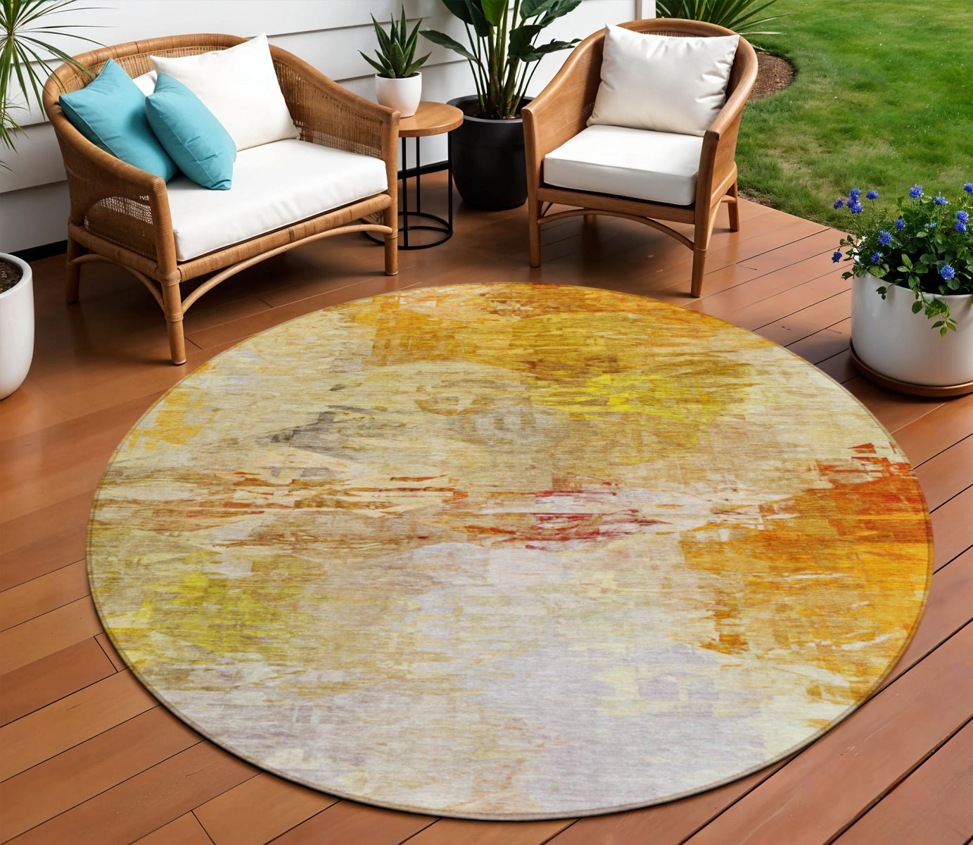 8 Orange Copper And Terra Cotta Round Abstract Washable Indoor Outdoor Area Rug