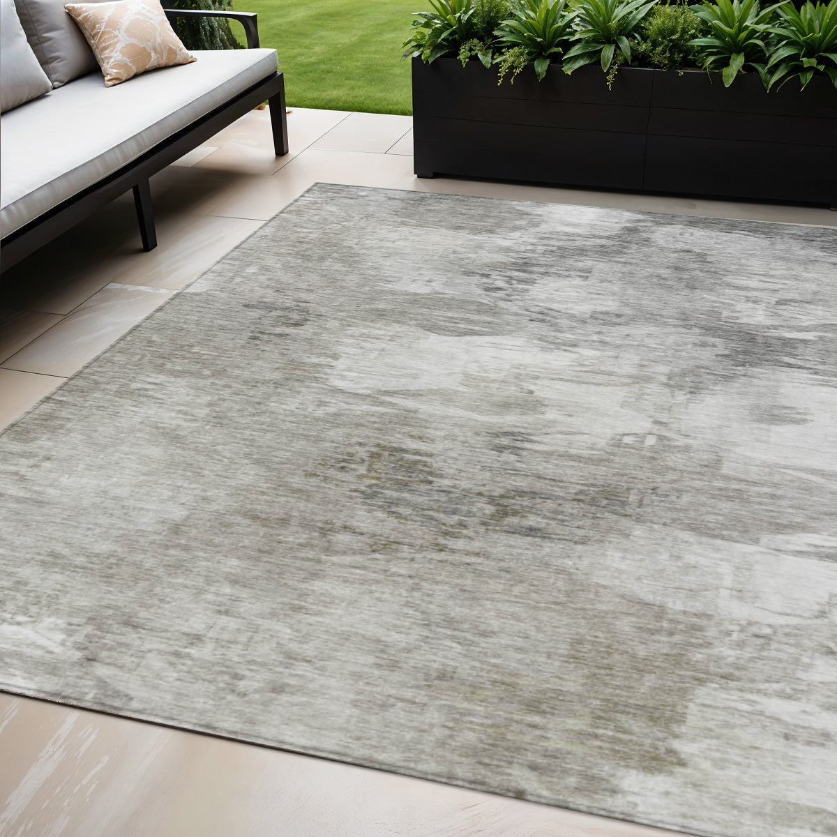 5 X 8 Beige Tan And Gray Abstract Washable Indoor Outdoor Area Rug