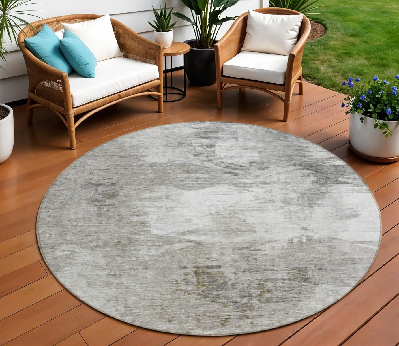 8 Beige Tan And Gray Round Abstract Washable Indoor Outdoor Area Rug