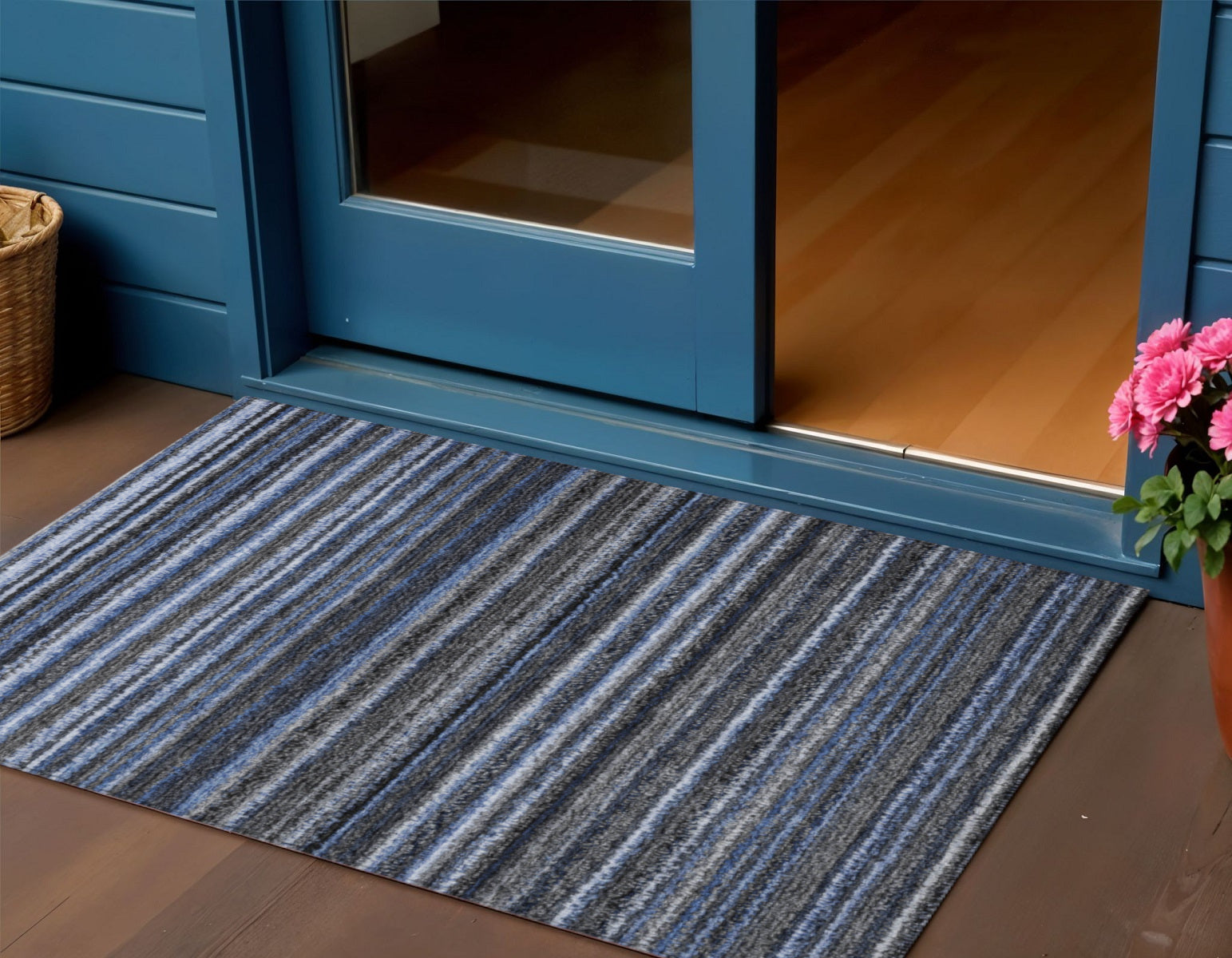 3 X 5 Denim Blue And Gray Striped Washable Indoor Outdoor Area Rug