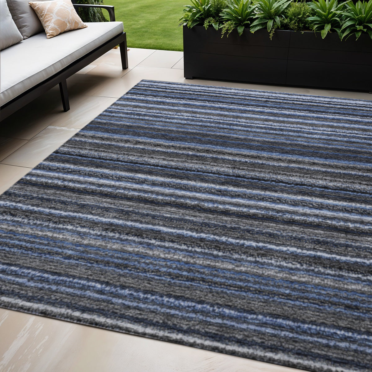 5 X 8 Denim Blue And Gray Striped Washable Indoor Outdoor Area Rug