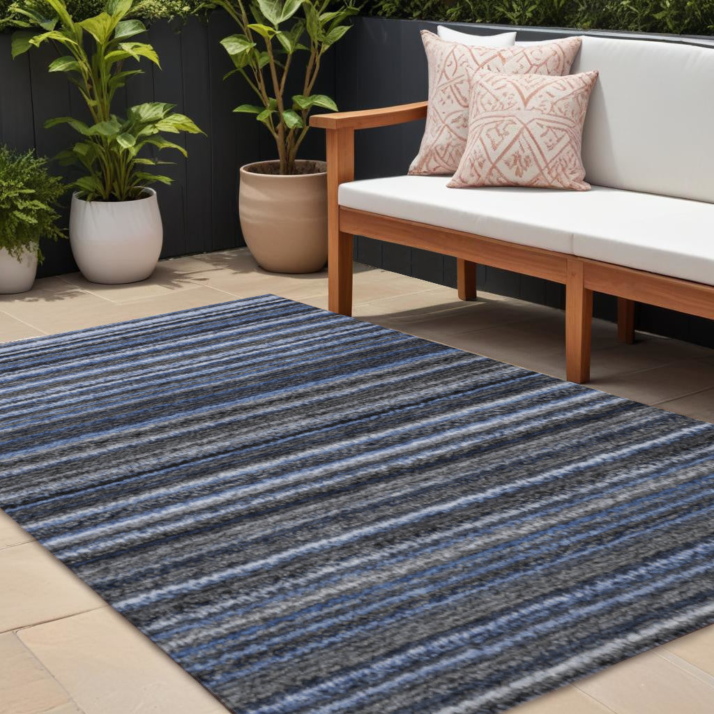 9 X 12 Denim Blue And Gray Striped Washable Indoor Outdoor Area Rug