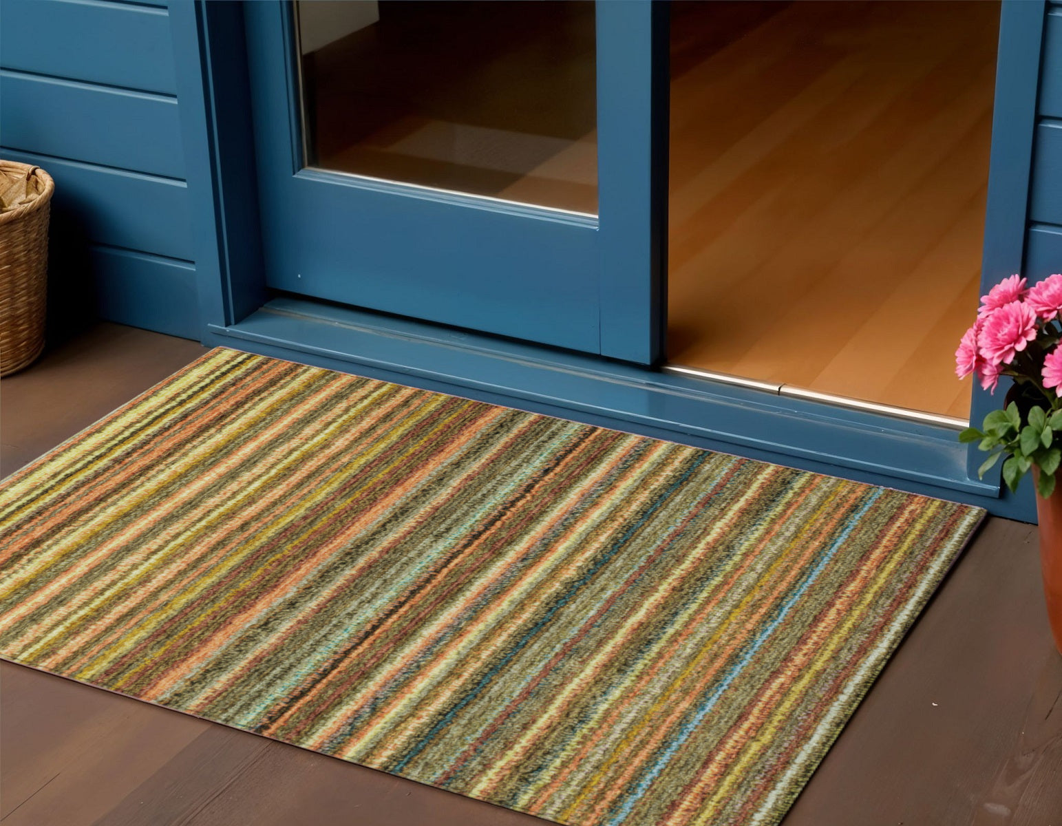 3 X 5 Coral Gold And Green Striped Washable Indoor Outdoor Area Rug