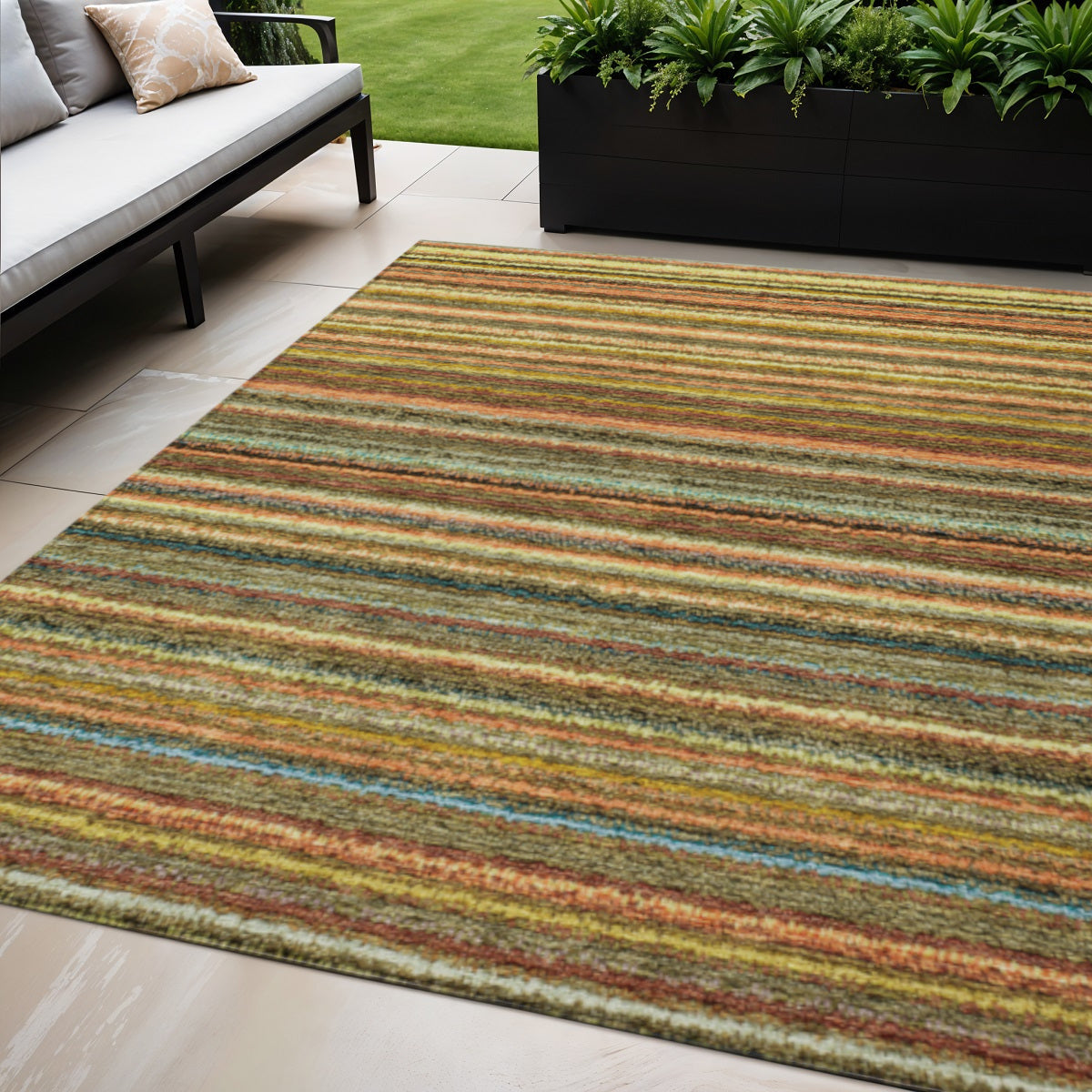 5 X 8 Coral Gold And Green Striped Washable Indoor Outdoor Area Rug
