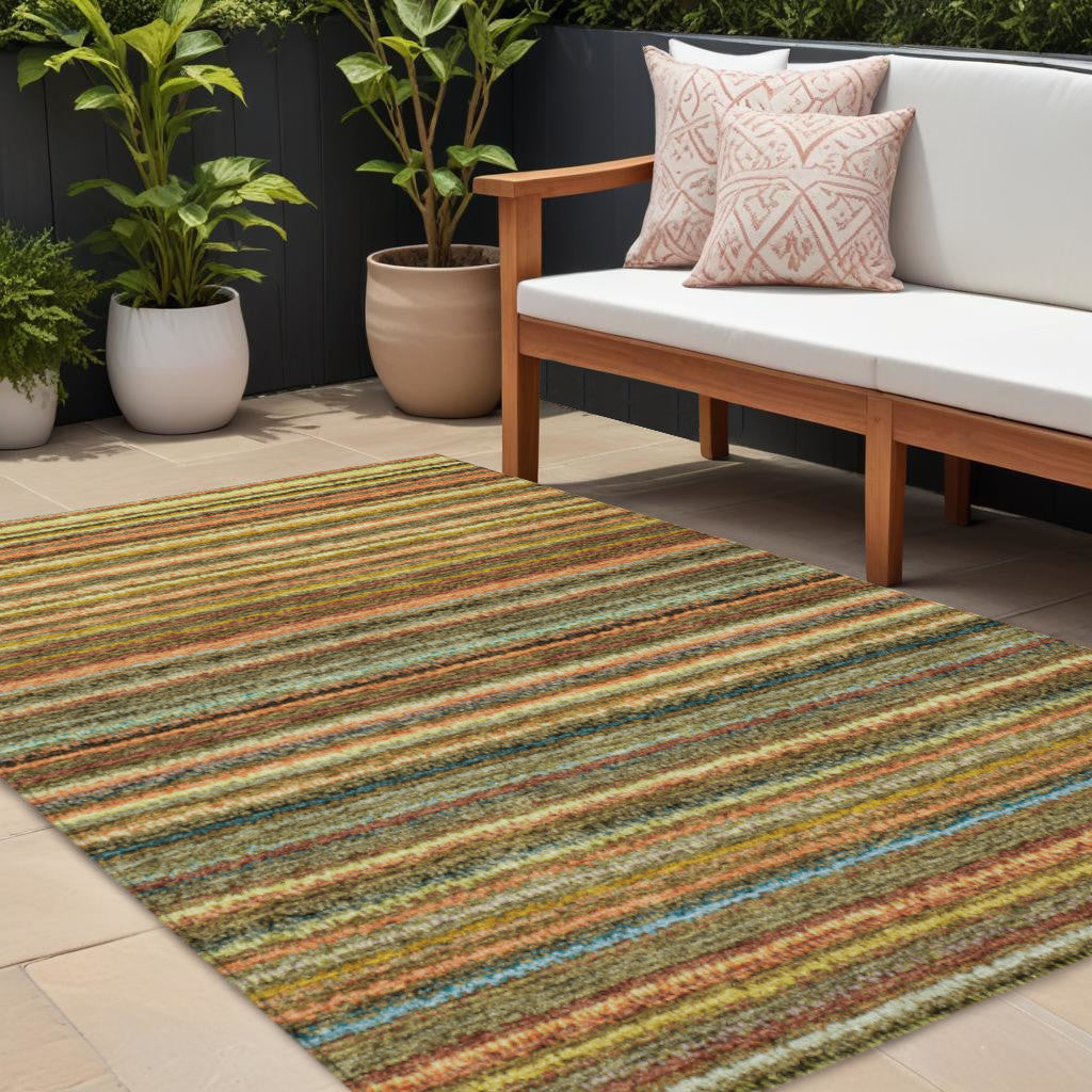 9 X 12 Coral Gold And Green Striped Washable Indoor Outdoor Area Rug