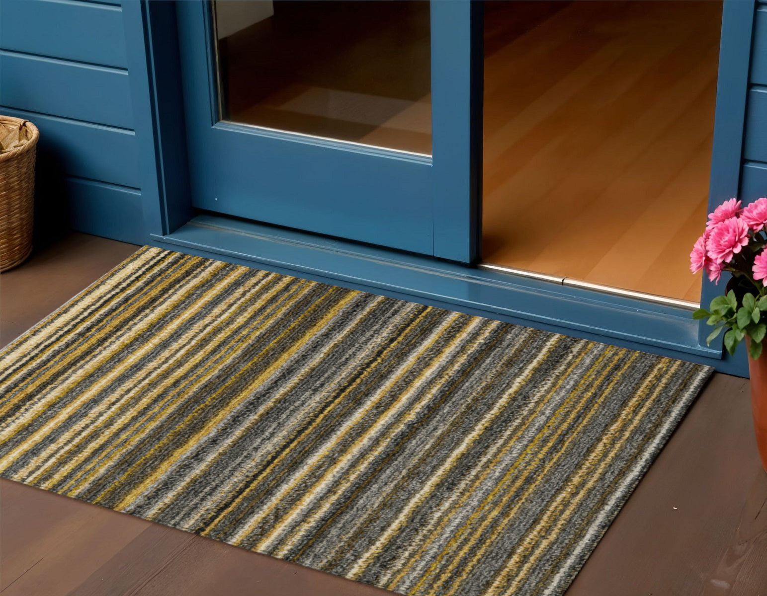 3 X 5 Gold Beige And Wheat Striped Washable Indoor Outdoor Area Rug