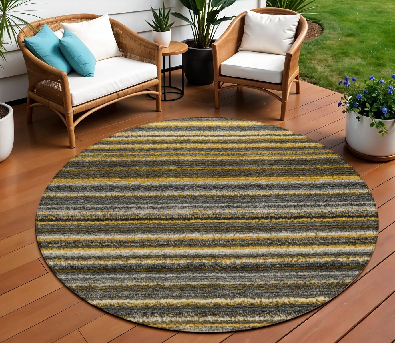 8 Gold Beige And Wheat Round Striped Washable Indoor Outdoor Area Rug