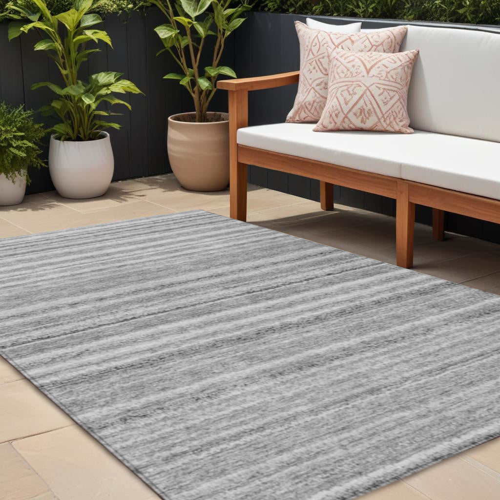 9 X 12 Gray Silver And Charcoal Striped Washable Indoor Outdoor Area Rug