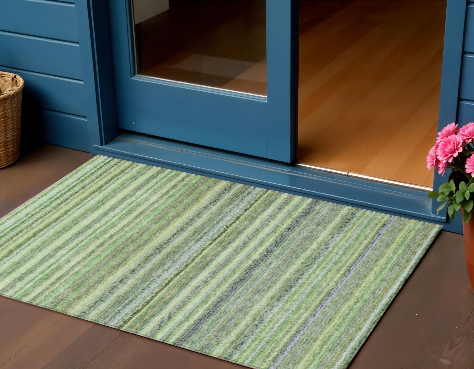 3 X 5 Artichoke Green And Olive Green Striped Washable Indoor Outdoor Area Rug