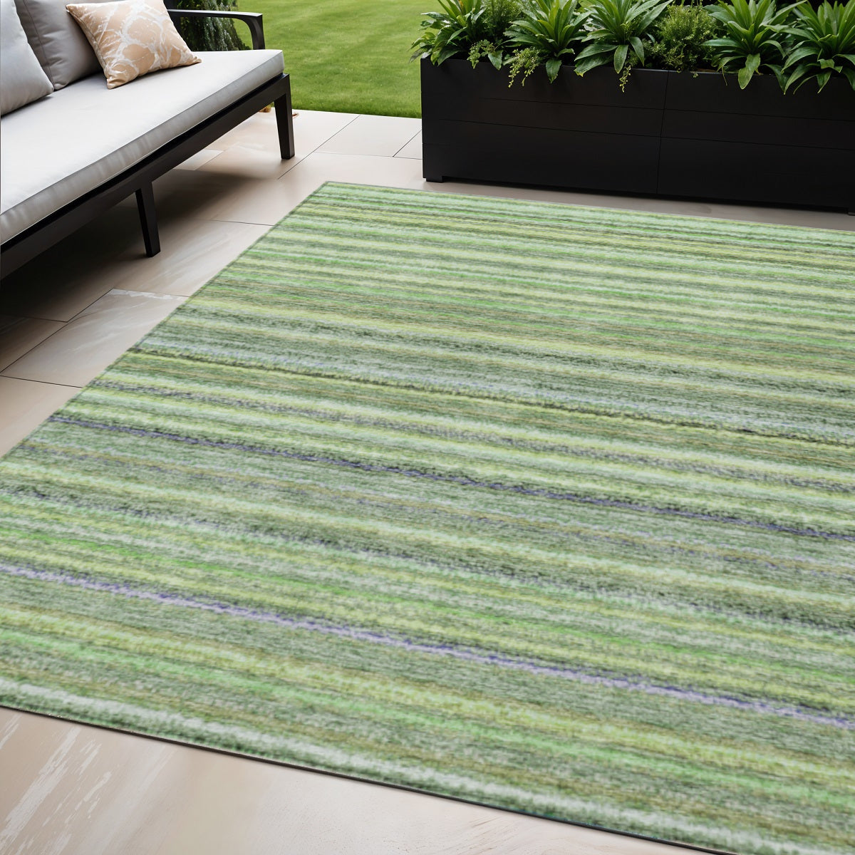 5 X 8 Artichoke Green And Olive Green Striped Washable Indoor Outdoor Area Rug