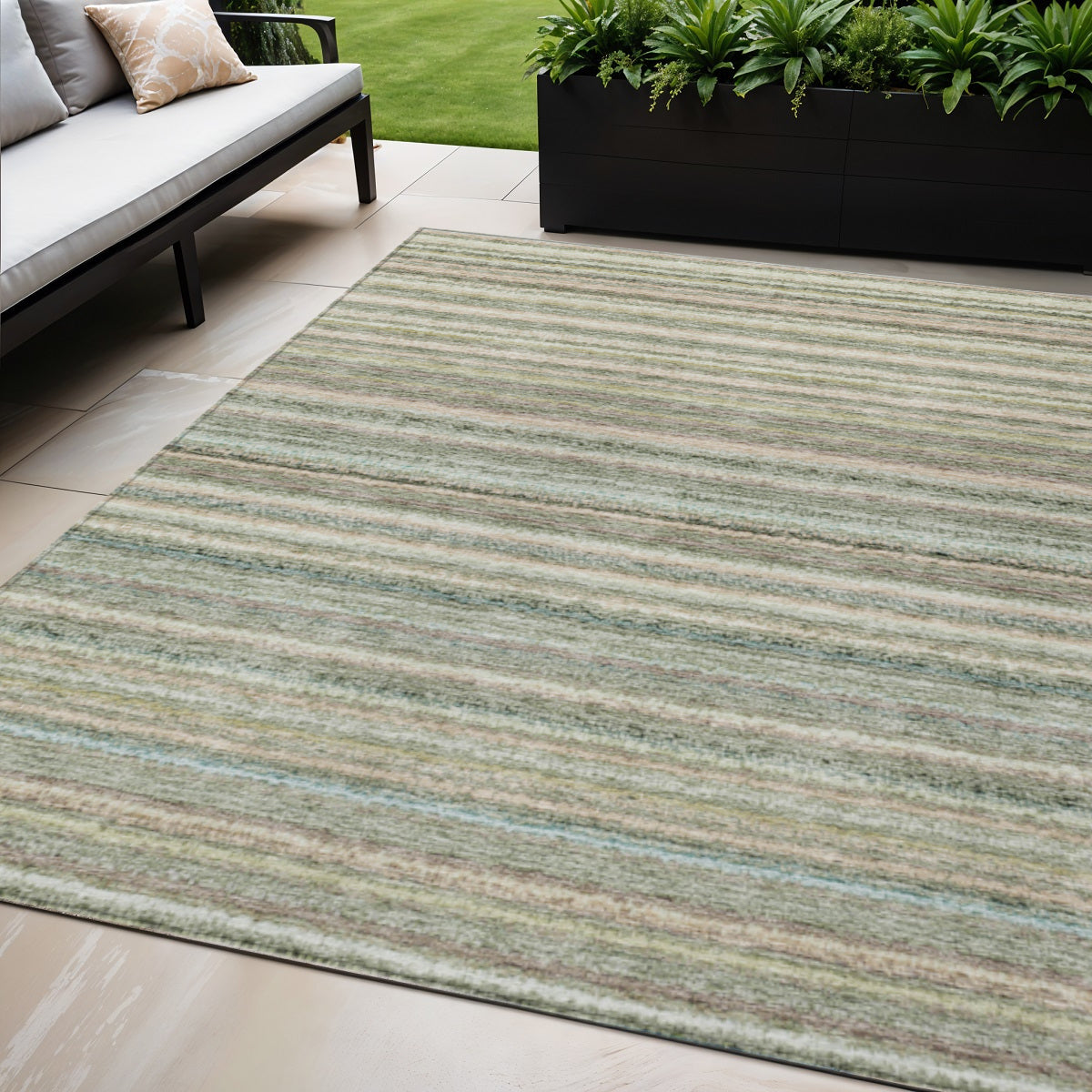 5 X 8 Sage Mint Green And Beige Striped Washable Indoor Outdoor Area Rug