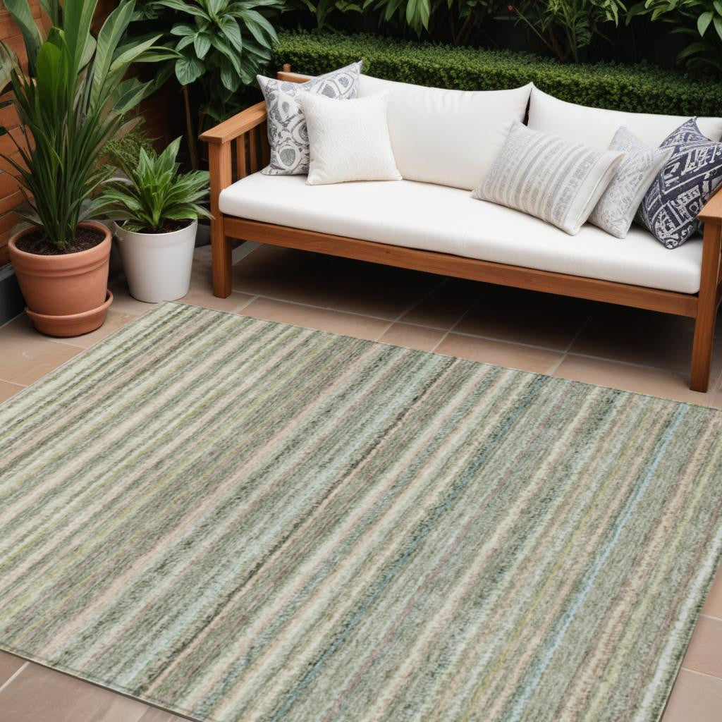 10 X 14 Sage Mint Green And Beige Striped Washable Indoor Outdoor Area Rug
