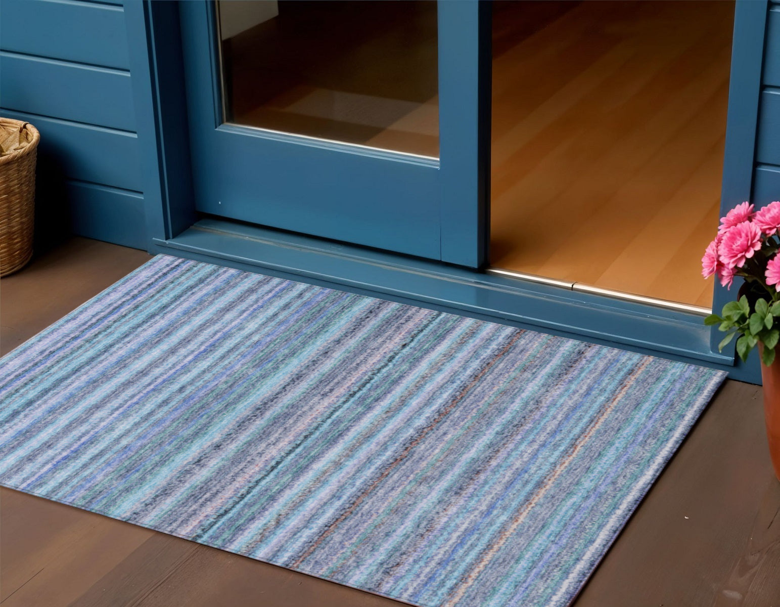 3 X 5 Sky Blue And Navy Blue Striped Washable Indoor Outdoor Area Rug