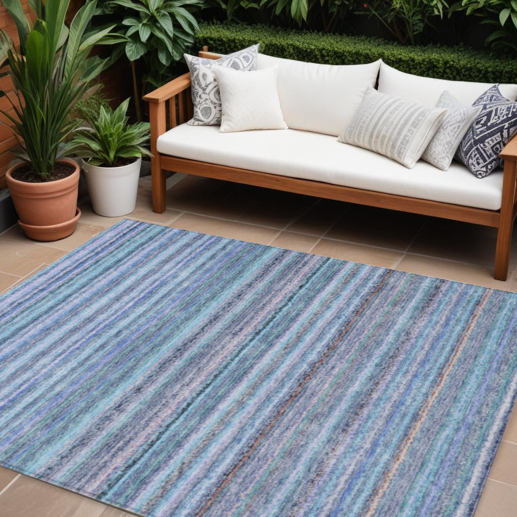 9 X 12 Sky Blue And Navy Blue Striped Washable Indoor Outdoor Area Rug