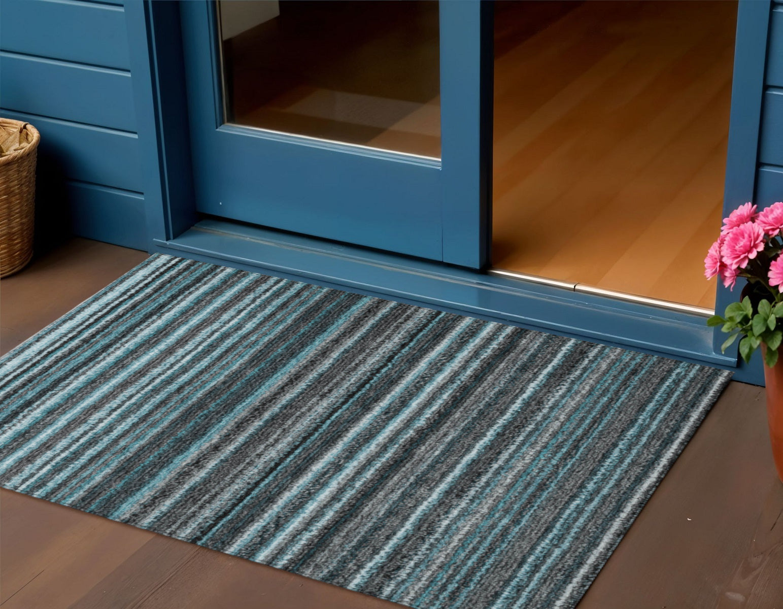 3 X 5 Teal Blue Sky Blue And Gray Striped Washable Indoor Outdoor Area Rug