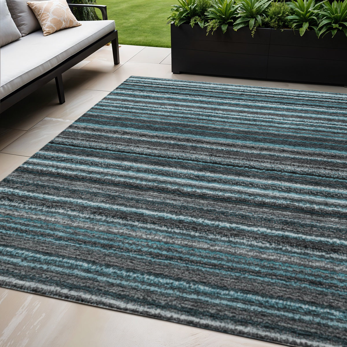 5 X 8 Teal Blue Sky Blue And Gray Striped Washable Indoor Outdoor Area Rug