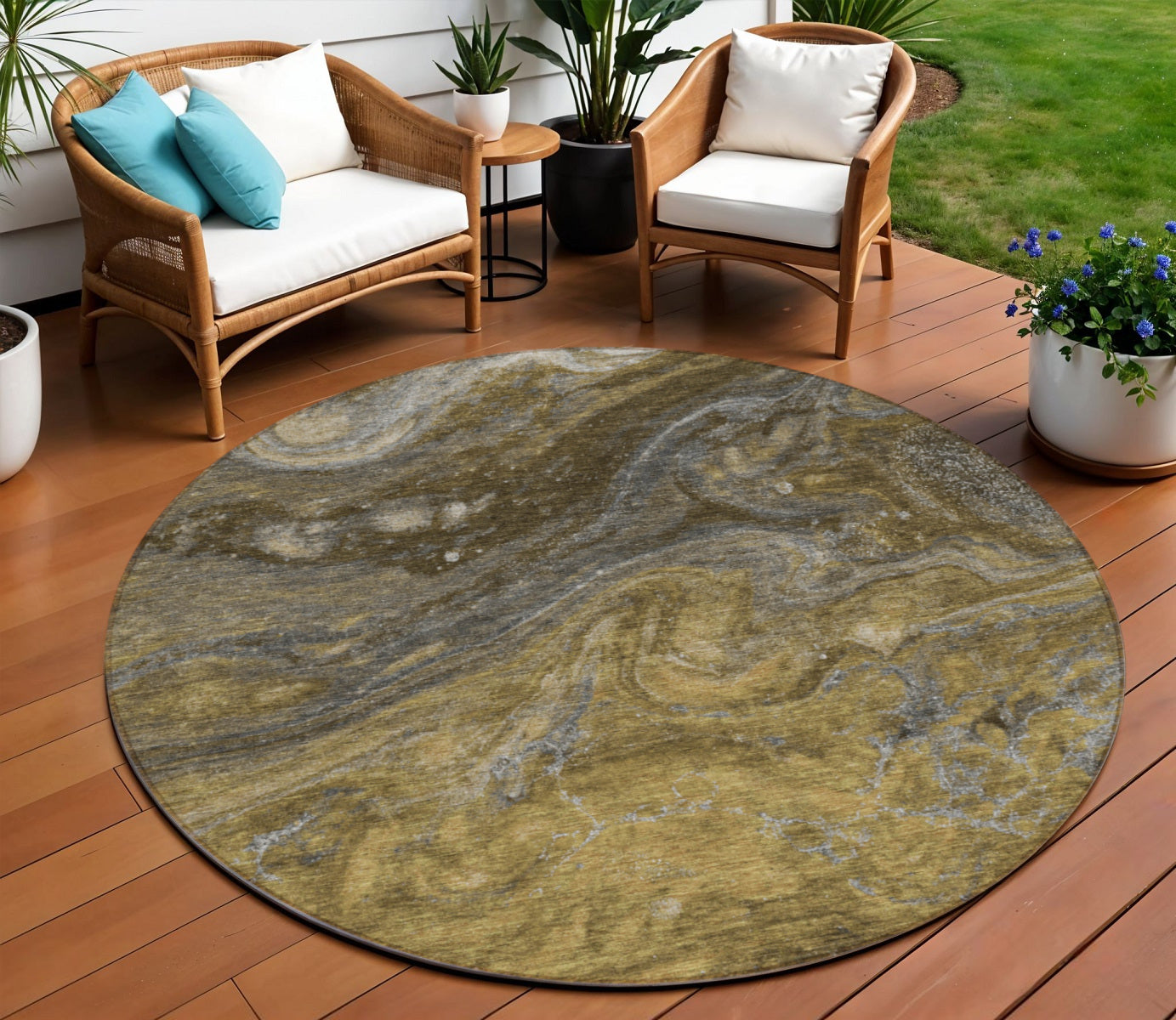 8 Brown Taupe And Chocolate Round Abstract Washable Indoor Outdoor Area Rug