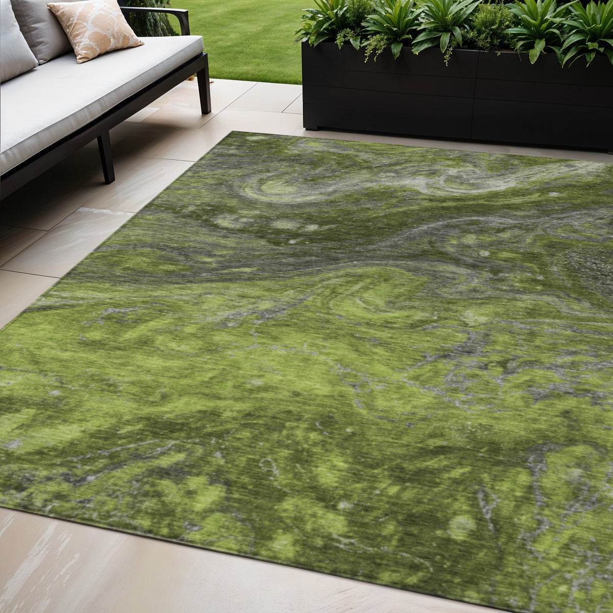 5 X 8 Olive Green And Lime Green Abstract Washable Indoor Outdoor Area Rug