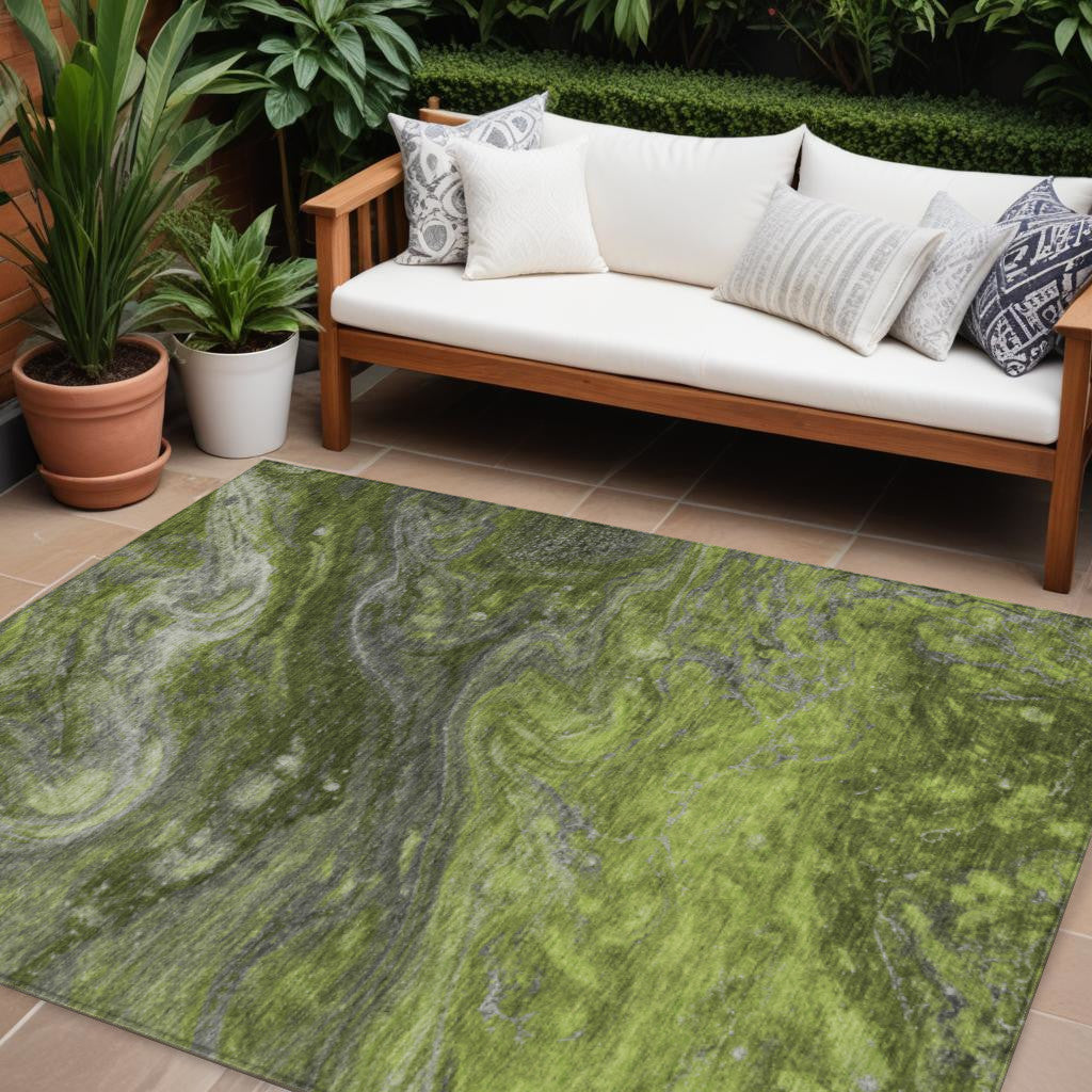 9 X 12 Olive Green And Lime Green Abstract Washable Indoor Outdoor Area Rug