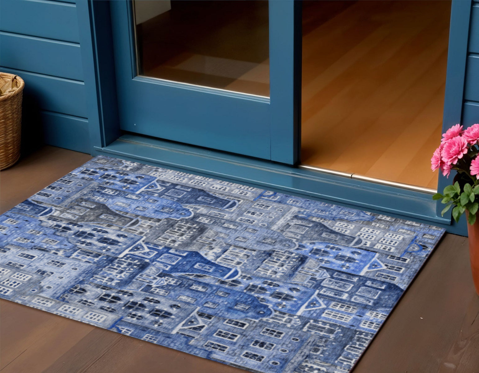 3 X 5 Navy Blue And Sky Blue Village Houses Washable Indoor Outdoor Area Rug