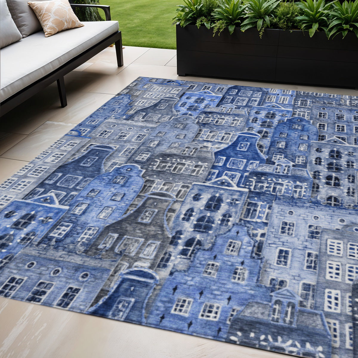 5 X 8 Navy Blue And Sky Blue Village Houses Washable Indoor Outdoor Area Rug