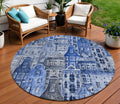 8 Navy Blue And Sky Blue Round Village Houses Washable Indoor Outdoor Area Rug