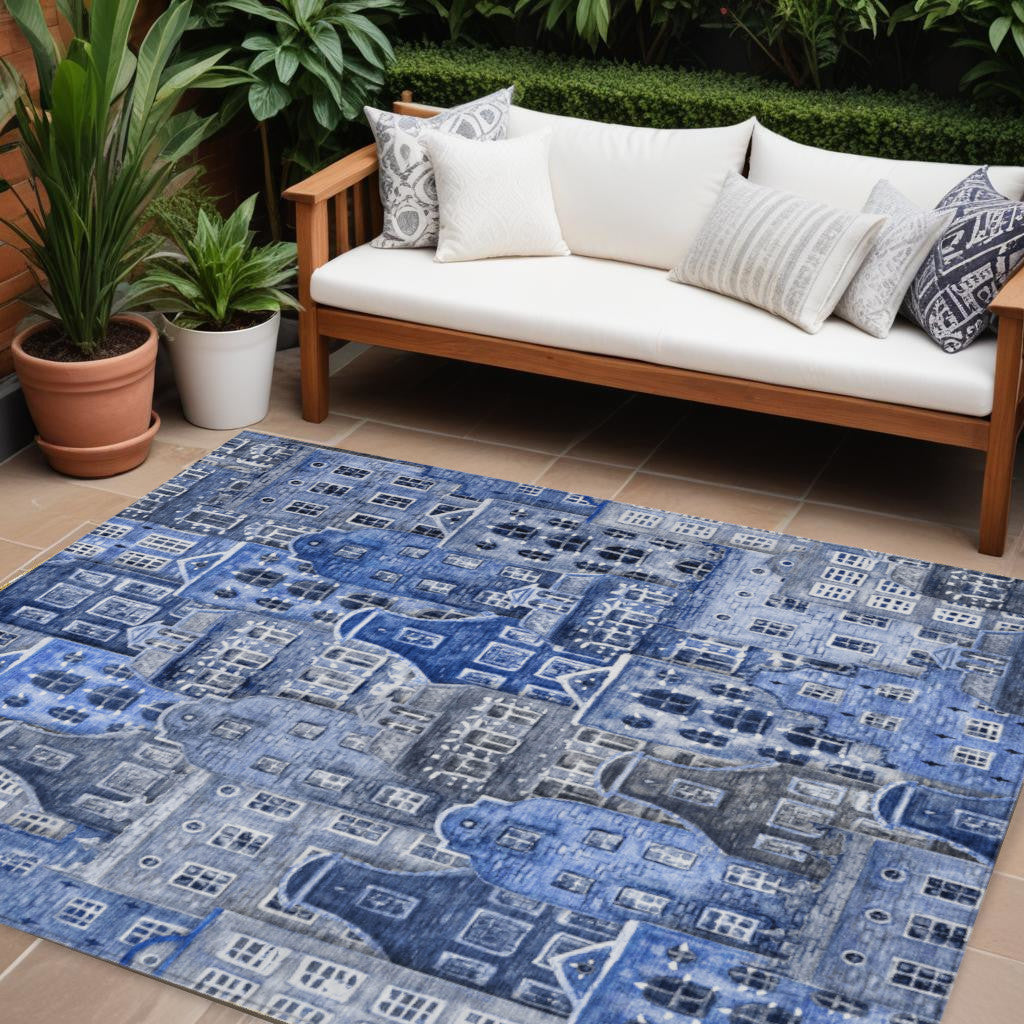 8 X 10 Navy Blue And Sky Blue Village Houses Washable Indoor Outdoor Area Rug