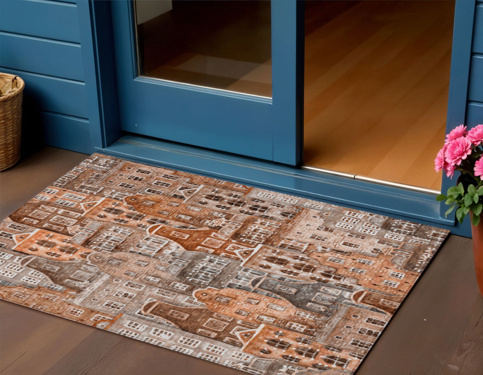 3 X 5 Orange Copper And Salmon Village Houses Washable Indoor Outdoor Area Rug