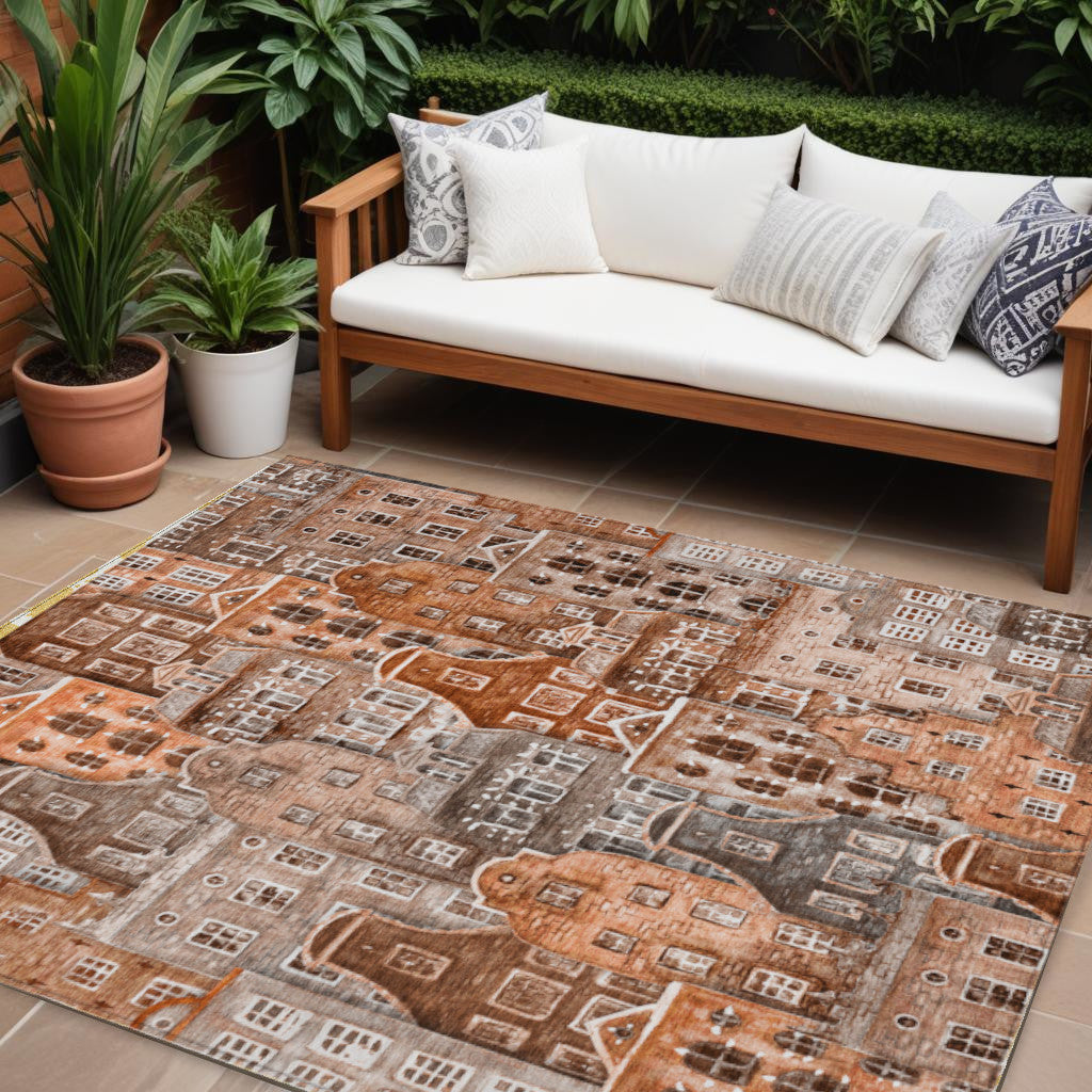 8 X 10 Orange Copper And Salmon Village Houses Washable Indoor Outdoor Area Rug