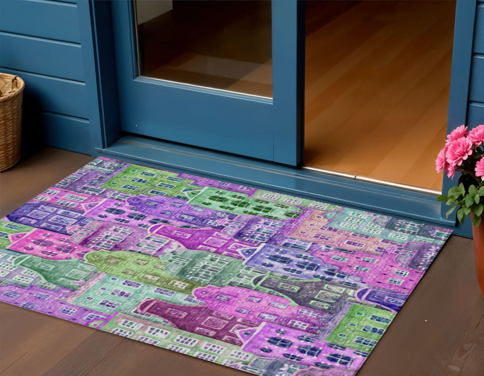 3 X 5 Purple Lilac And Green Village Houses Washable Indoor Outdoor Area Rug