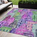 5 X 8 Purple Lilac And Green Village Houses Washable Indoor Outdoor Area Rug