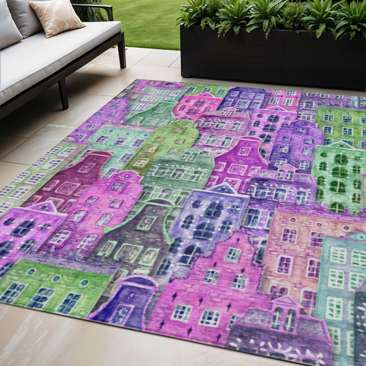 5 X 8 Purple Lilac And Green Village Houses Washable Indoor Outdoor Area Rug