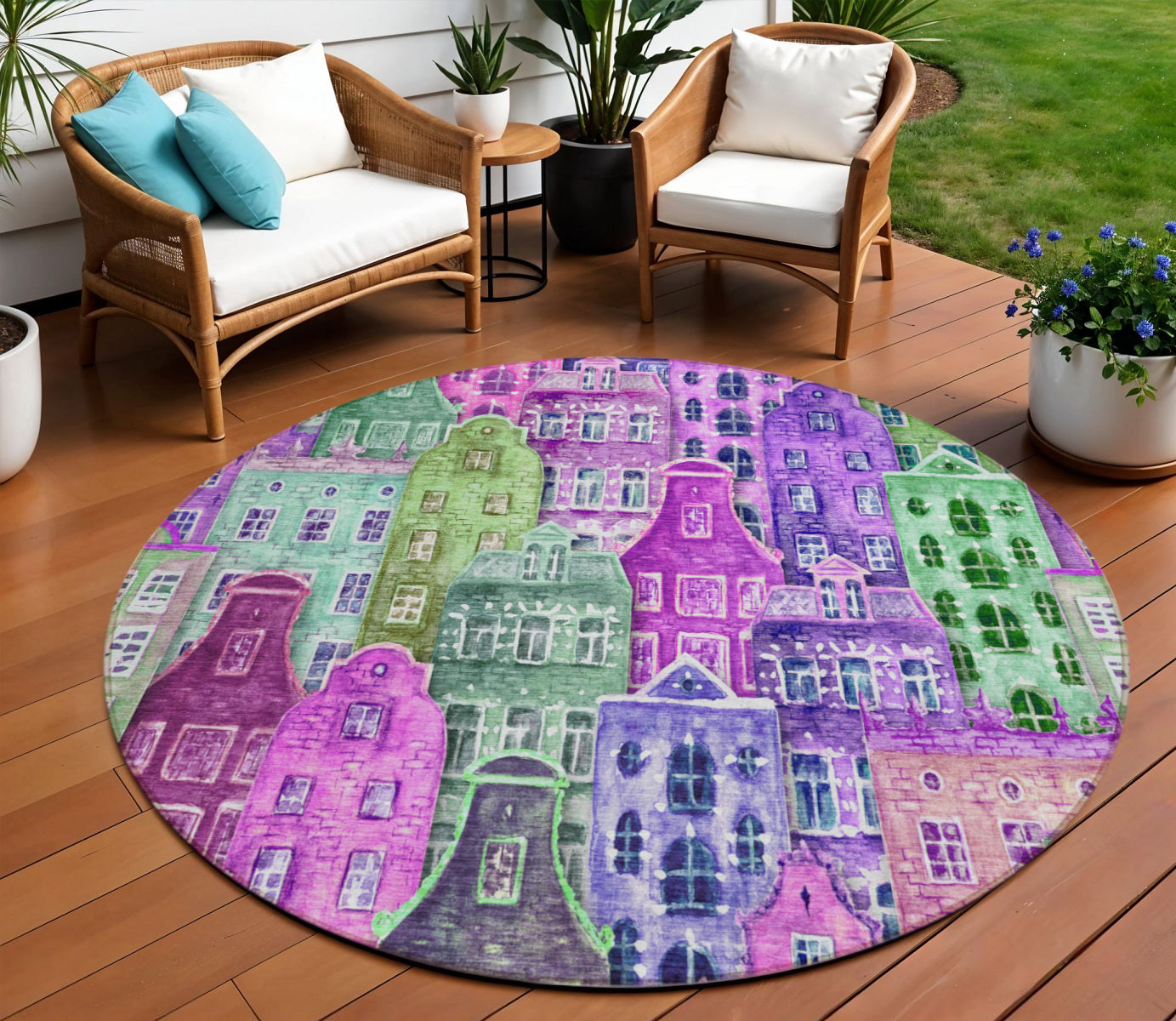 8 Purple Lilac And Green Round Village Houses Washable Indoor Outdoor Area Rug