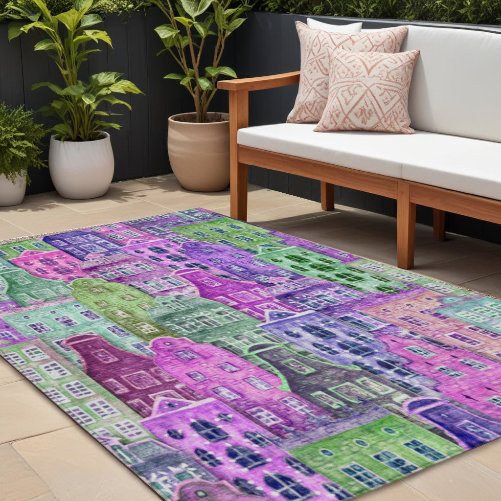 9 X 12 Purple Lilac And Green Village Houses Washable Indoor Outdoor Area Rug