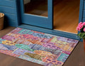 3 X 5 Red Gold And Teal Blue Village Houses Washable Indoor Outdoor Area Rug