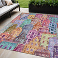 5 X 8 Red Gold And Teal Blue Village Houses Washable Indoor Outdoor Area Rug