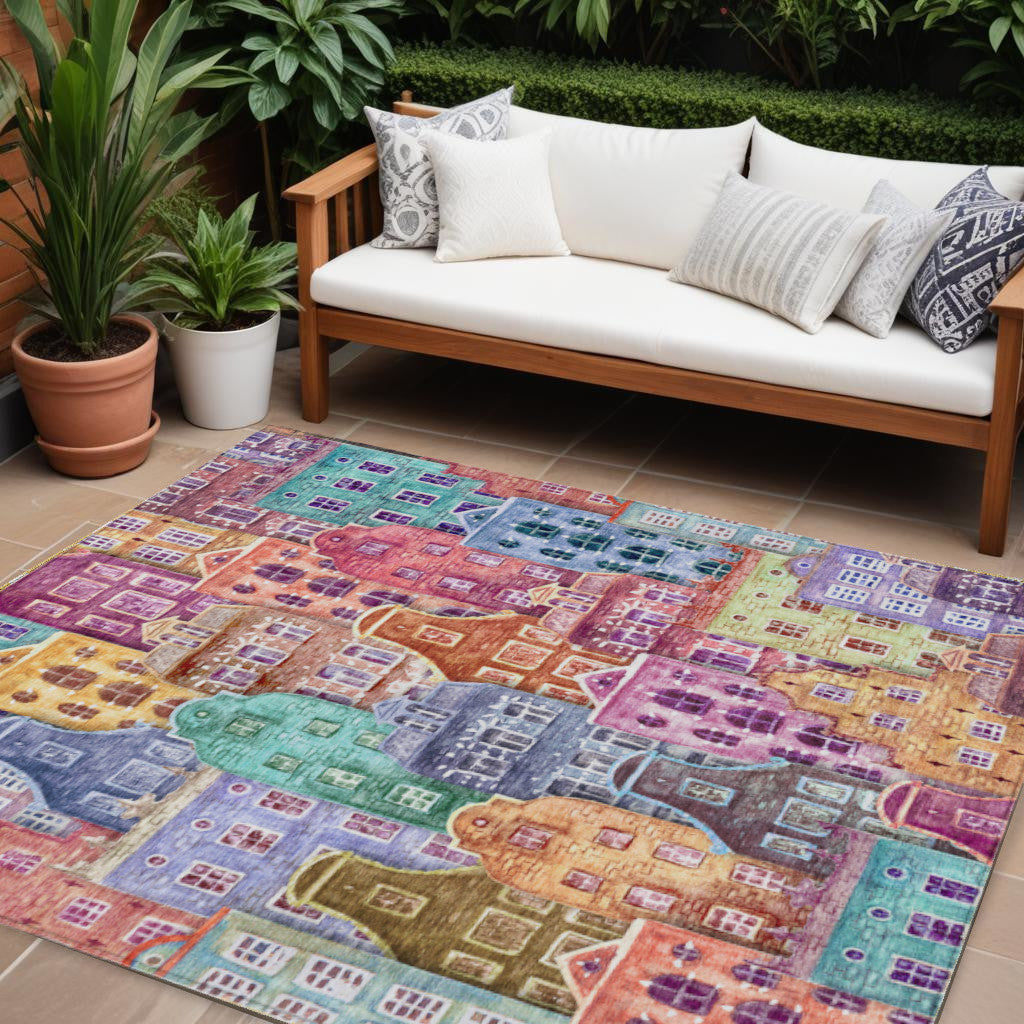 9 X 12 Red Gold And Teal Blue Village Houses Washable Indoor Outdoor Area Rug
