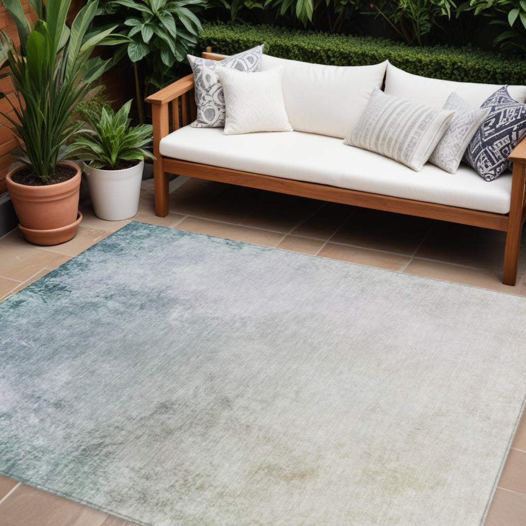 10 X 14 Beige Sky Blue And Teal Blue Ombre Washable Indoor Outdoor Area Rug