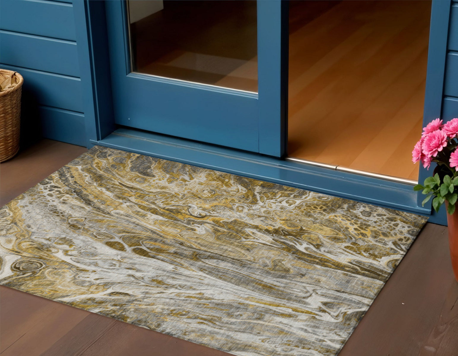3 X 5 Brown Taupe And Gold Abstract Washable Indoor Outdoor Area Rug