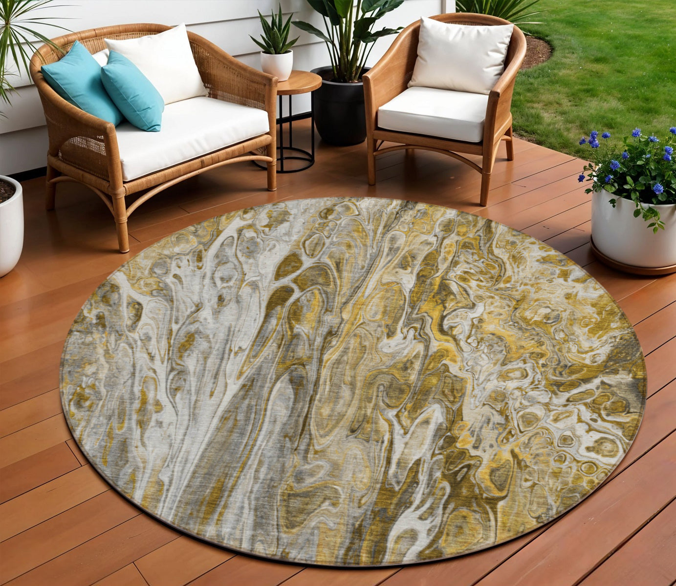 8 Brown Taupe And Gold Round Abstract Washable Indoor Outdoor Area Rug