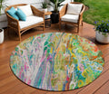 8 Green Gold And White Round Abstract Washable Indoor Outdoor Area Rug
