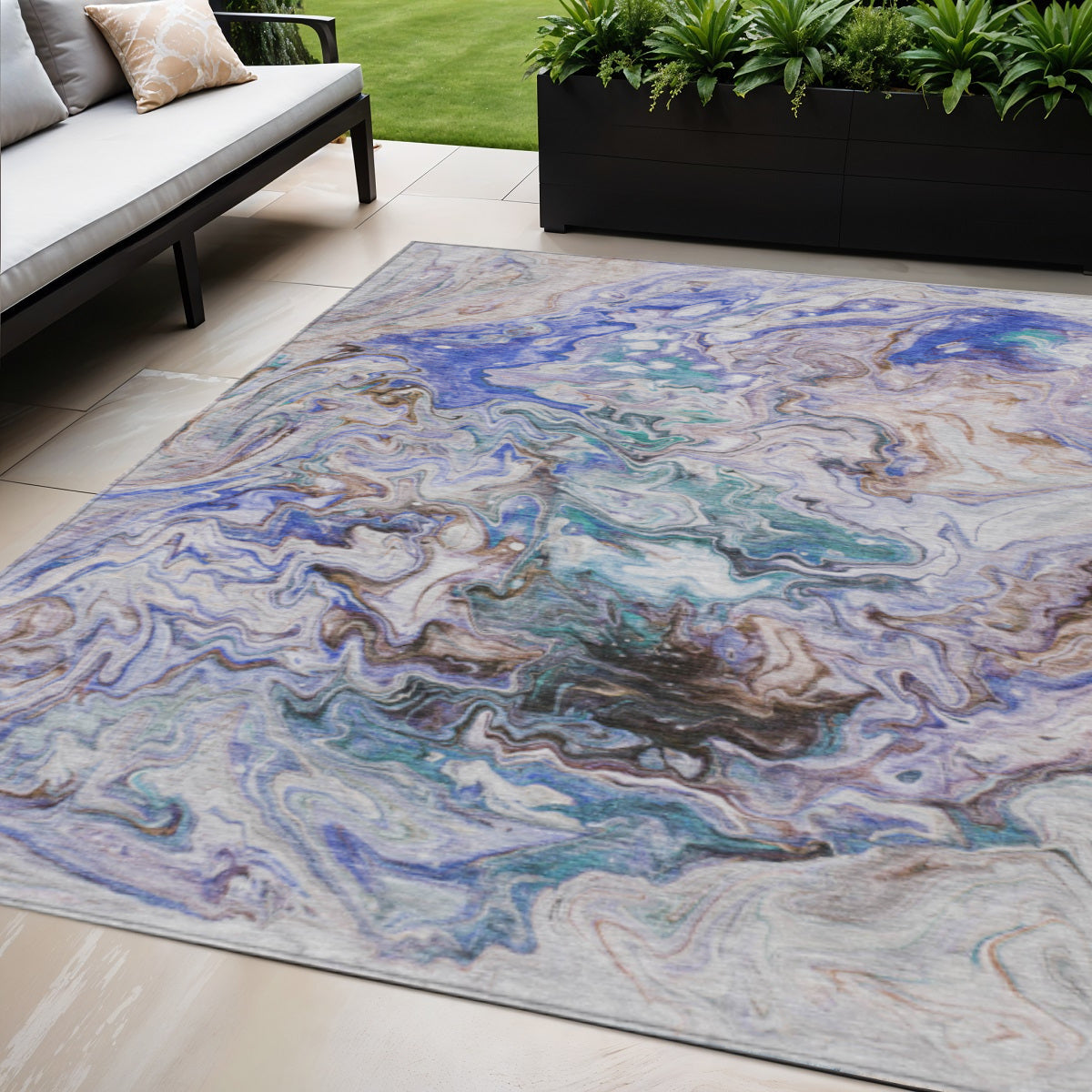 5 X 8 Beige Blue And Taupe Abstract Washable Indoor Outdoor Area Rug